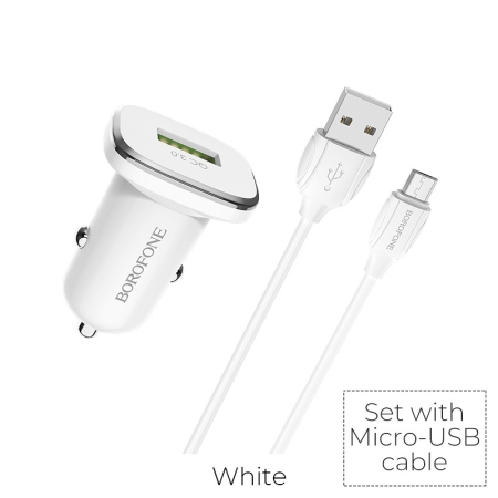 Incarcatoare auto - Incarcator auto  Borofone BZ12A 1xUSB 2,4A QC 3.0 + cablu micro USB  1m, alb