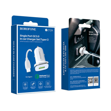 Incarcatoare auto - Incarcator auto  Borofone BZ12A 1xUSB 2,4A QC 3.0 + cablu Type-C  1m, alb