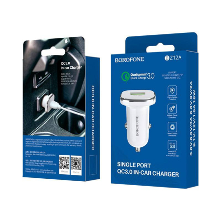 Incarcatoare auto - Incarcator auto Borofone BZ12A, 1xUSB, QC 3.0, alb