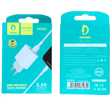 Incarcatoare priza - Incarcator priza 2.4A + cablu USB iPhone alb Denmen 2XUSB 2400mAh DC05 12W
