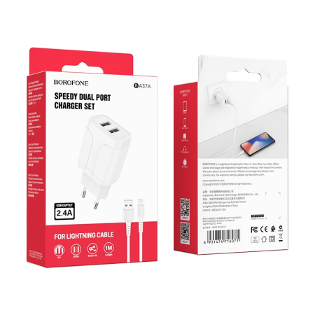 Incarcatoare priza - Incarcator priza Borofone BA37A - 2XUSB 2.4A + cablu Lightning alb