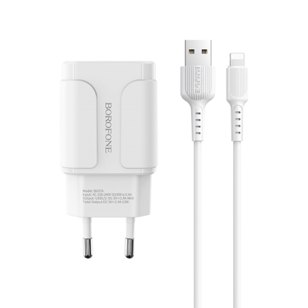 Incarcator priza Borofone BA37A - 2XUSB 2.4A + cablu Lightning alb [2]