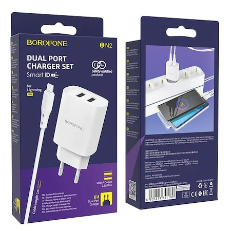 Incarcatoare priza - Incarcator priza Borofone BN2 - 2XUSB 2.1A + cablu lightning alb