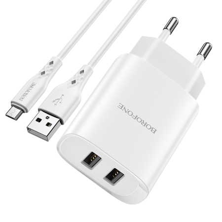 Incarcator priza Borofone BN2 - 2XUSB 2.1A + cablu Micro USB alb [1]