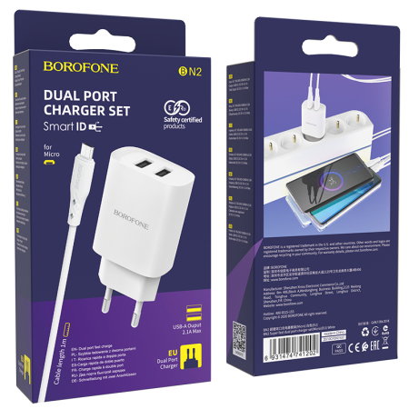 Incarcatoare priza - Incarcator priza Borofone BN2 - 2XUSB 2.1A + cablu Micro USB alb