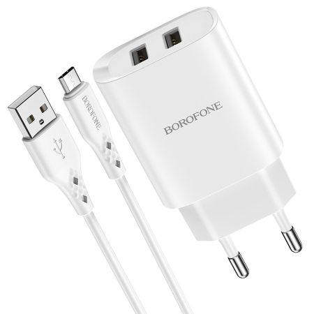 Incarcator priza Borofone BN2 - 2XUSB 2.1A + cablu Micro USB alb [2]