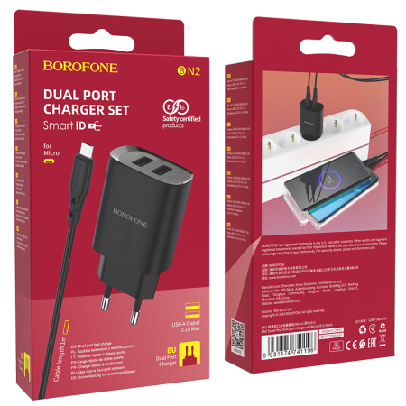 Incarcatoare priza - Incarcator priza Borofone BN2 - 2XUSB 2.1A + cablu Micro USB negru