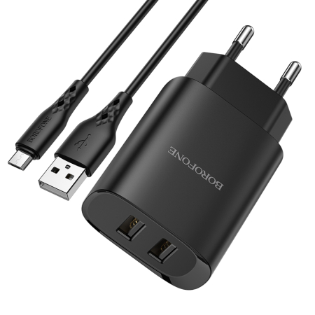 Incarcator priza Borofone BN2 - 2XUSB 2.1A + cablu Micro USB negru [1]