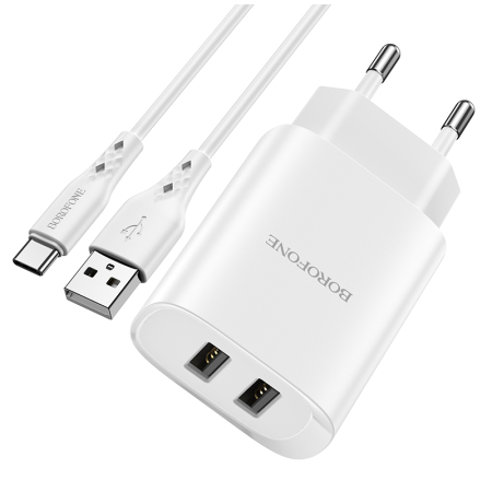 Incarcator priza Borofone BN2 - 2XUSB 2.1A + cablu TypeE-C alb [1]