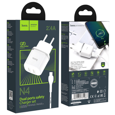 Incarcatoare priza - Incarcator Retea + Cablu Date Type-C , Hoco N4 Aspiring, 2xUSB, 12W, 2.4A, 1m, alb