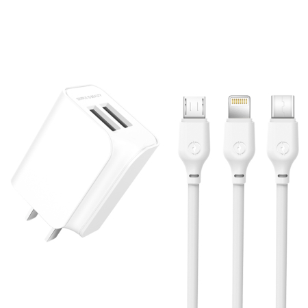 Incarcator XO L35D, 2.1A, 2USB + cablu Type-C, alb [2]
