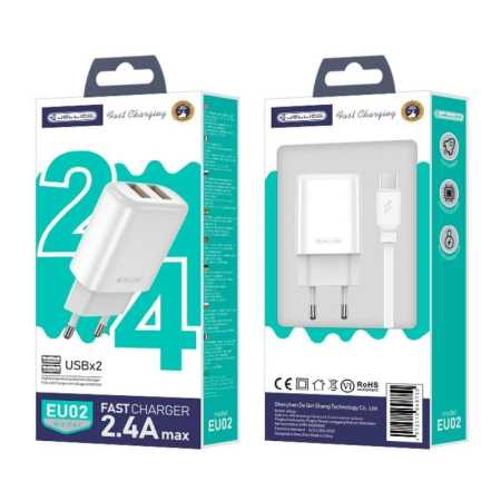 Incarcatoare priza - Set adaptor priza JELLICO EU02, 2.4A, 2 x USB + cablu micro USB, alb
