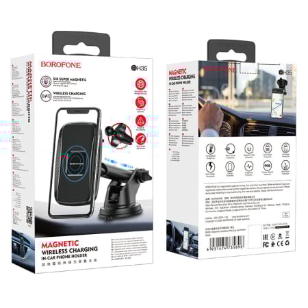 Suport telefon/tableta - Suport auto - cu prindere pe parbriz sau grila - Borofone BH35 cu incarcare wireless, negru