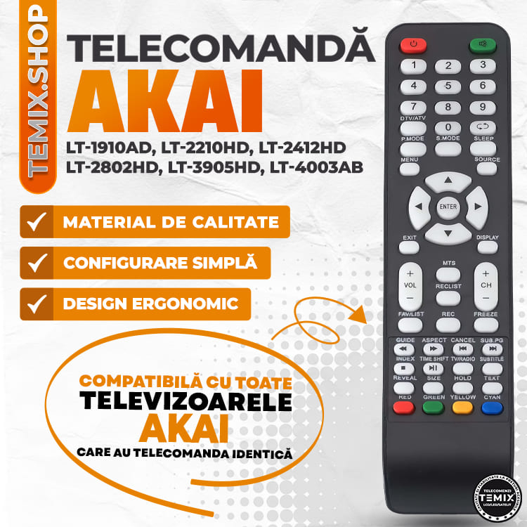 Telecomanda compatibila Akai, LT-2412HD, LT-2802HD, LT-3905HD, TEMIX®, neagra, baterii incluse [3]