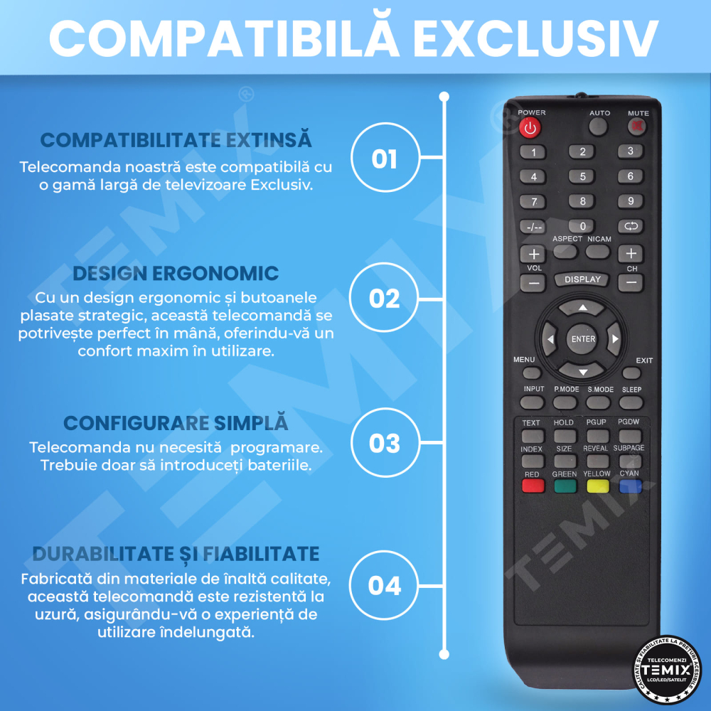 Telecomanda compatibila Exclusiv, EX22TV1, EX32TV1, EX32DTV1, EXCLUTVD3, EXCLUDTV3, TEMIX®, neagra, baterii incluse [5]