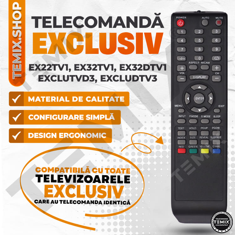 Telecomanda compatibila Exclusiv, EX22TV1, EX32TV1, EX32DTV1, EXCLUTVD3, EXCLUDTV3, TEMIX®, neagra, baterii incluse [4]