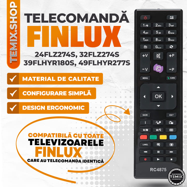 Telecomanda compatibila Finlux, 24FLZ274S, 32FLZ274S, 39FLHYR180S, 49FLHYR277S, TEMIX®, neagra, baterii incluse [3]