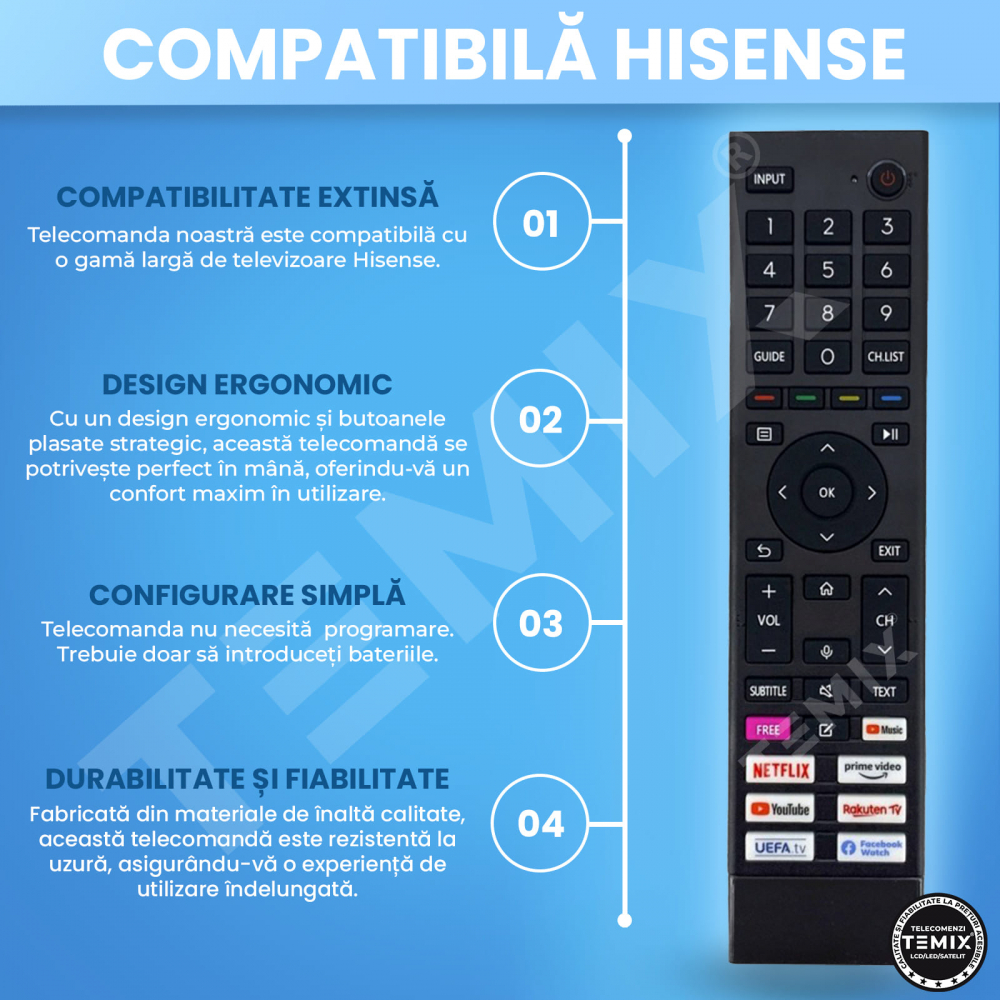 Telecomanda compatibila Hisense, 43A6BG, 43A7GQ, 50A6BG, 50E76GQ, ERF3B80H, butoane dedicate Youtube, Netflix, Prime Video, Uefa TV, TEMIX®, baterii incluse [4]