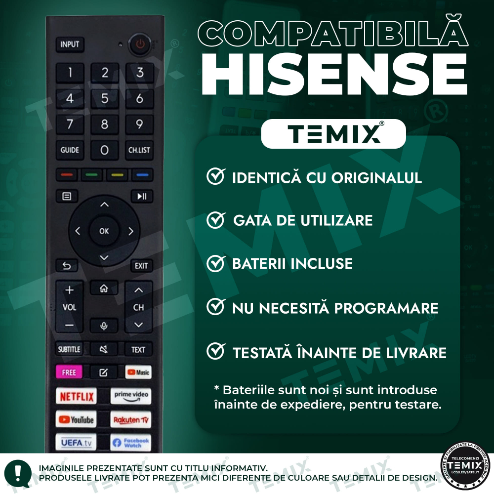 Telecomanda compatibila Hisense, 43A6BG, 43A7GQ, 50A6BG, 50E76GQ, ERF3B80H, butoane dedicate Youtube, Netflix, Prime Video, Uefa TV, TEMIX®, baterii incluse [2]