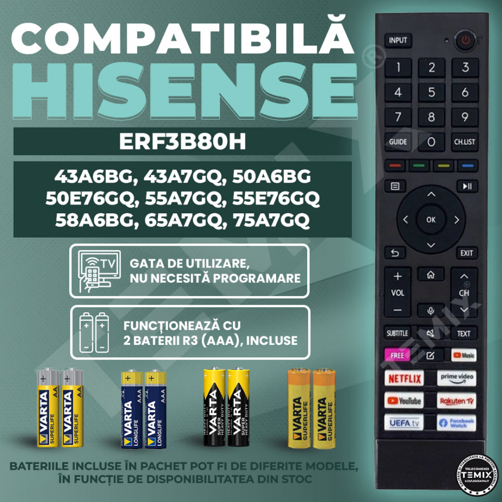 Telecomanda compatibila Hisense, 43A6BG, 43A7GQ, 50A6BG, 50E76GQ, ERF3B80H, butoane dedicate Youtube, Netflix, Prime Video, Uefa TV, TEMIX®, baterii incluse [3]