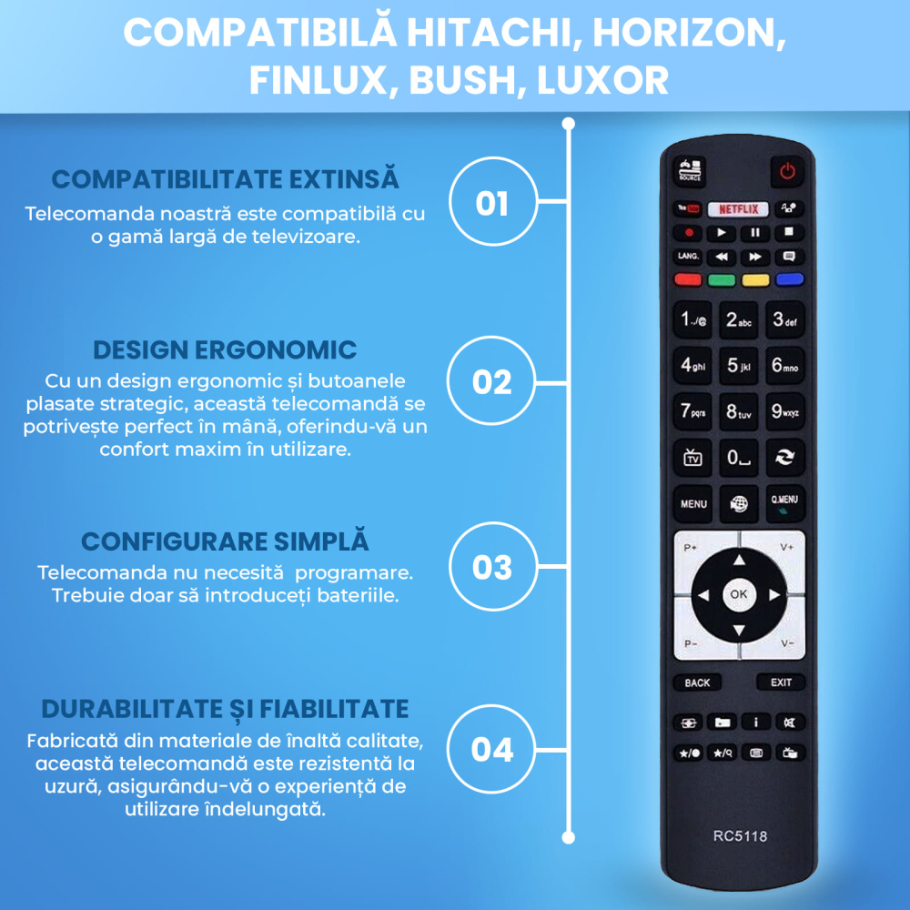 Telecomanda compatibila Hitachi, Horizon, Finlux, Telefunken, Bush, Luxor, RC5118, TEMIX®, baterii incluse [4]