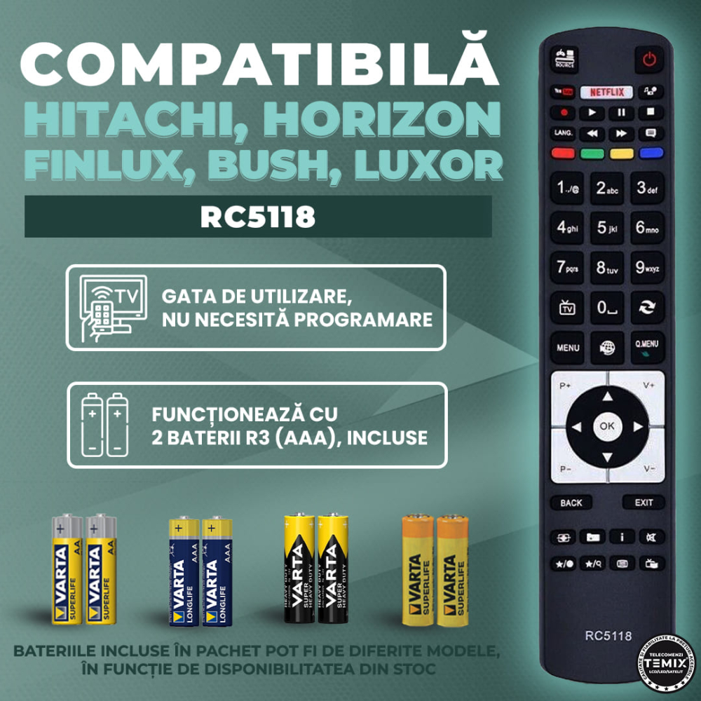 Telecomanda compatibila Hitachi, Horizon, Finlux, Telefunken, Bush, Luxor, RC5118, TEMIX®, baterii incluse [2]