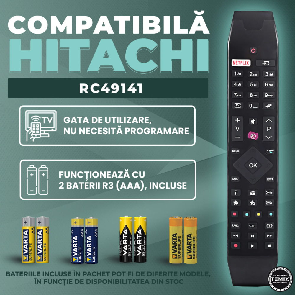 Telecomanda compatibila Hitachi, RC49141, buton dedicat Netflix, TEMIX®, neagra, baterii incluse [2]