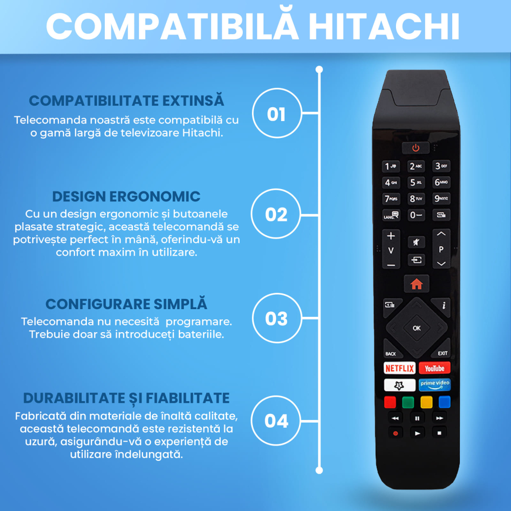Telecomanda compatibila Hitachi smart, RC43140/RC43141, butoane dedicate Netflix, Youtube, Prime Video, TEMIX®, baterii incluse [2]