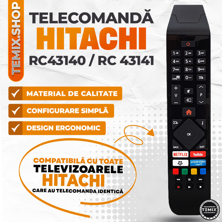 Telecomanda compatibila Hitachi smart, RC43140/RC43141, butoane dedicate Netflix, Youtube, Prime Video, TEMIX®, baterii incluse [3]