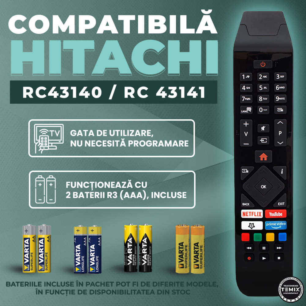 Telecomanda compatibila Hitachi smart, RC43140/RC43141, butoane dedicate Netflix, Youtube, Prime Video, TEMIX®, baterii incluse [4]