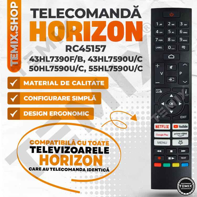 Telecomanda compatibila Horizon, 43HL7390F/B, 43HL7590U/C, 50HL7590U/C, 55HL7590U/C, RC45157, butoane dedicate Youtube, Netflix, PrimeVideo, GooglePlay, TEMIX®, baterii incluse [4]