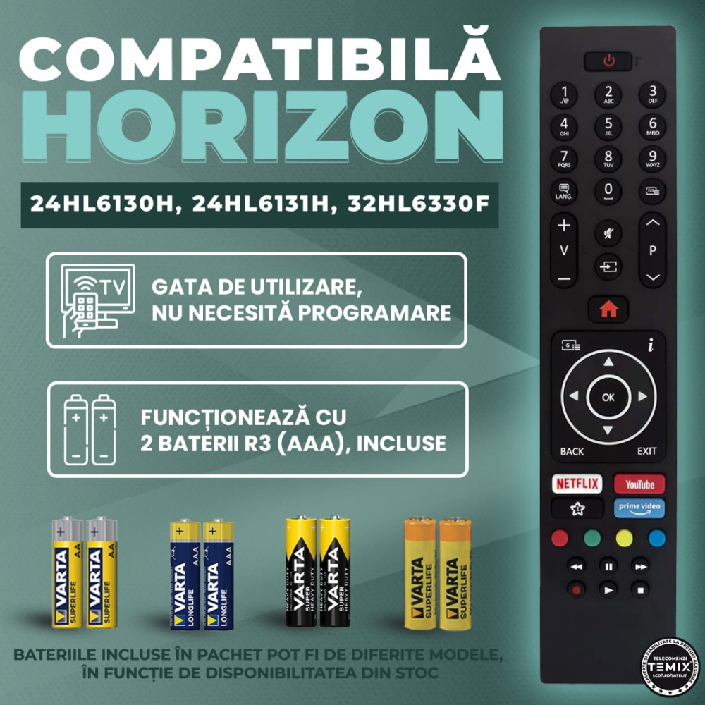 Telecomanda compatibila Horizon Smart, 24HL6130H, 24HL6131H, 32HL6330F, butoane dedicate Netflix, Youtube, Prime Video, TEMIX®, baterii incluse [2]