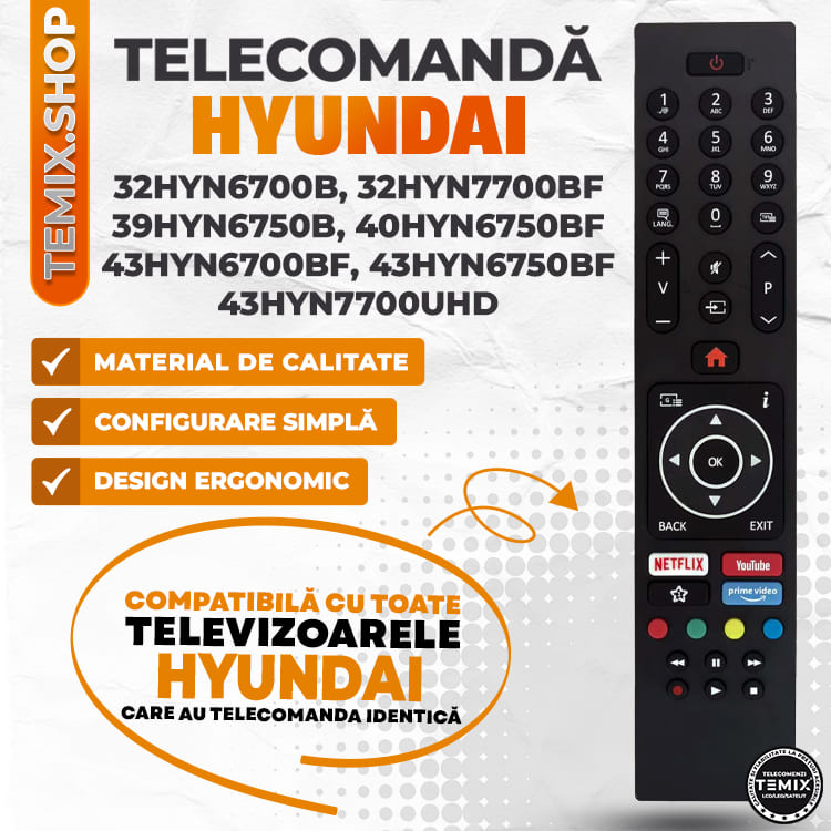Telecomanda compatibila Hyundai Smart, HYN6700B, HYN6750B, butoane dedicate Youtube, Netflix, Prime Video, TEMIX®, baterii incluse [3]