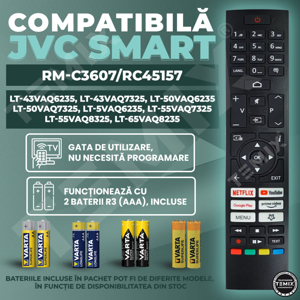 Telecomanda compatibila JVC, LT-43VAQ7235, LT-50VAQ7235, LT-55VAQ8235, LT-65VAQ8235, RM-C3607/RC45157, butoane dedicate Youtube, Netflix, PrimeVideo, GooglePlay, TEMIX®, baterii incluse [2]