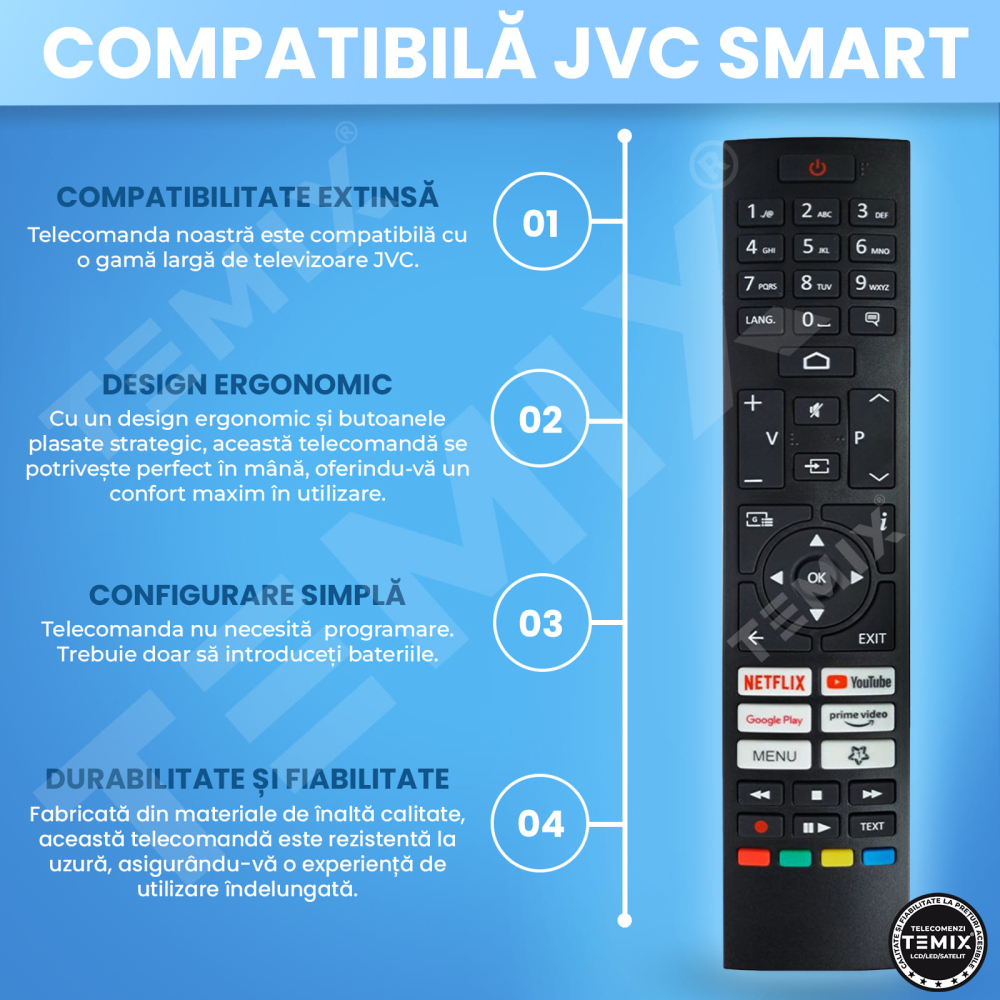 Telecomanda compatibila JVC, LT-43VAQ7235, LT-50VAQ7235, LT-55VAQ8235, LT-65VAQ8235, RM-C3607/RC45157, butoane dedicate Youtube, Netflix, PrimeVideo, GooglePlay, TEMIX®, baterii incluse [5]