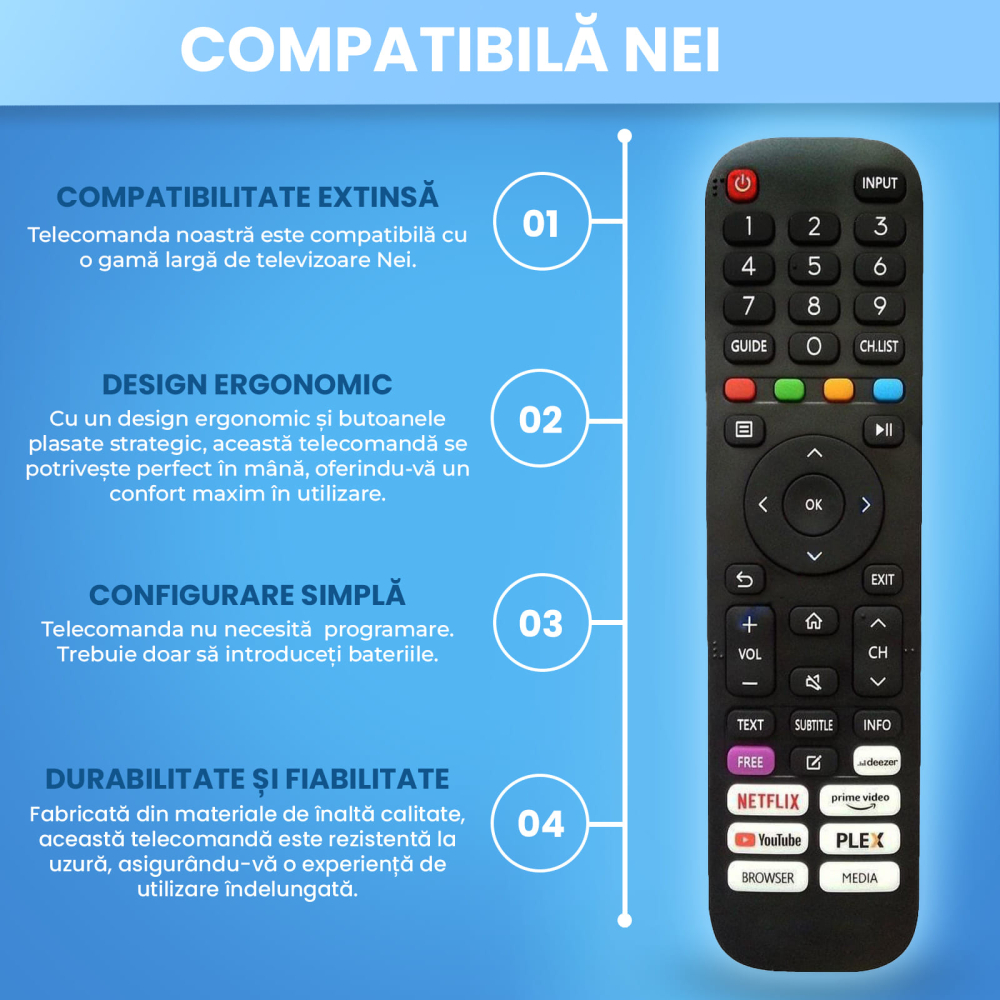 Telecomanda compatibila Nei Smart, 32NE4900, butoane dedicate Youtube, Netflix, Prime Video, TEMIX®, baterii incluse [4]