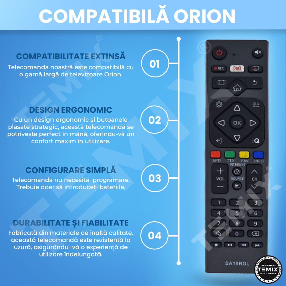Telecomanda compatibila Orion, 32SA19RDL, 40SA19FHD, 43SA19FHD, SA19RDL, TEMIX®, baterii incluse [3]