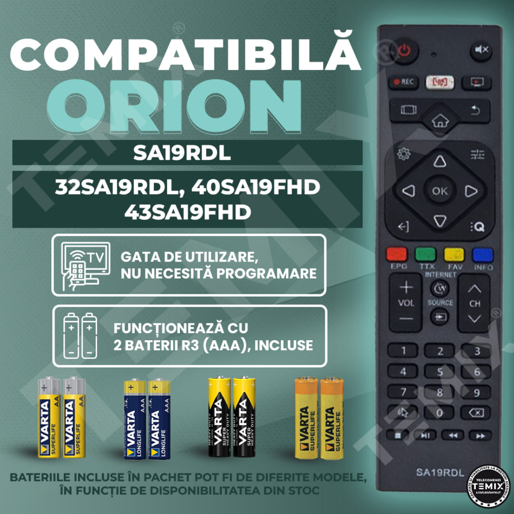 Telecomanda compatibila Orion, 32SA19RDL, 40SA19FHD, 43SA19FHD, SA19RDL, TEMIX®, baterii incluse [2]