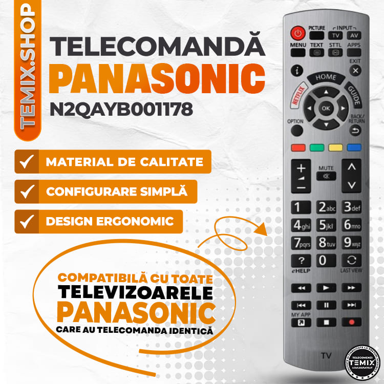 Telecomanda compatibila Panasonic, N2QAYB001178, TEMIX®, gri, baterii incluse [3]