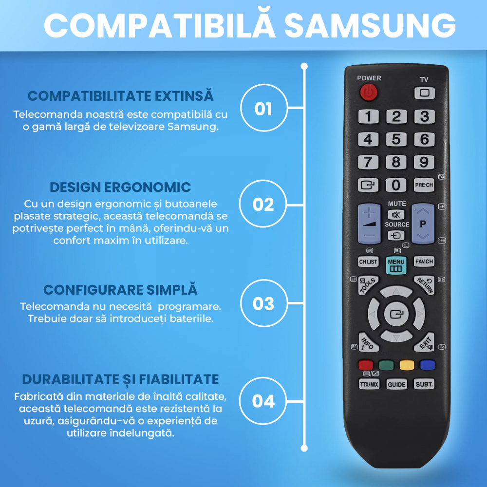 Telecomanda compatibila Samsung, BN59-00865A, AA59-00496A, TEMIX®, neagră, baterii incluse [4]