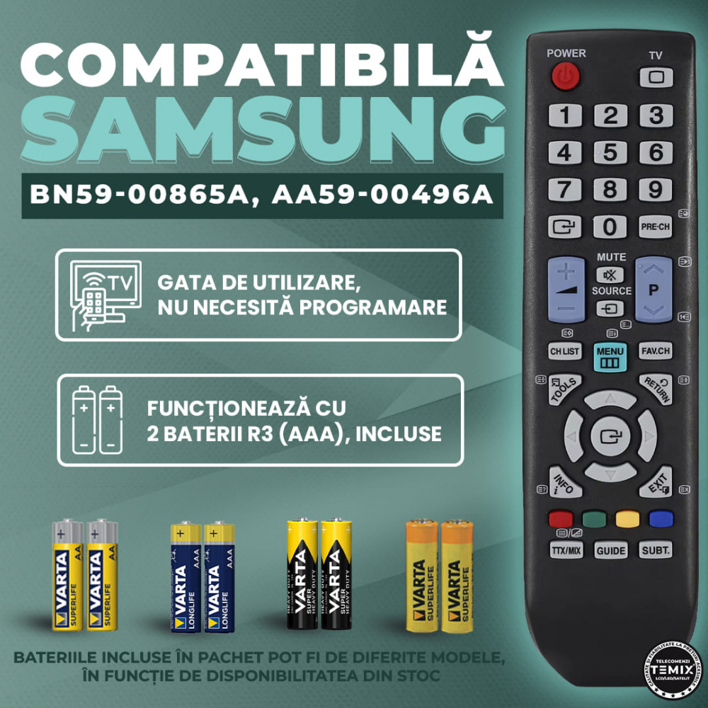 Telecomanda compatibila Samsung, BN59-00865A, AA59-00496A, TEMIX®, neagră, baterii incluse [2]