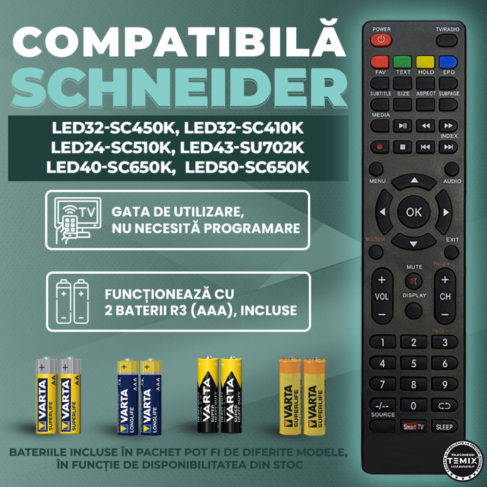 Telecomanda compatibila Schneider, LED24-SC510K, LED32-SC450K, LED43-SU702K, LED40-SC650K, LED50-SC650K, TEMIX®, baterii incluse [2]