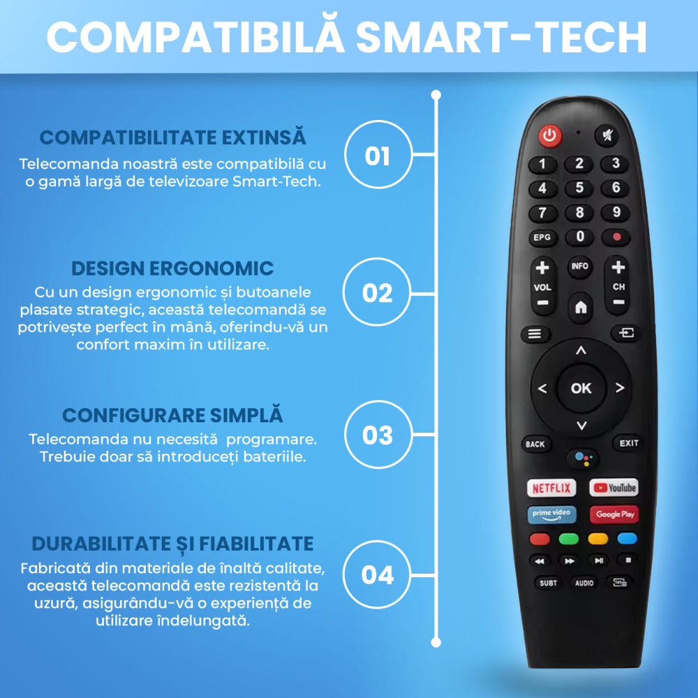 Telecomanda compatibila Smart-Tech, 24HA10T3, 32HA20V3, 43FA10V3, fara Bluetooth, butoane dedicate Youtube, Netflix, Prime Video, Google Play, TEMIX®, baterii incluse [4]