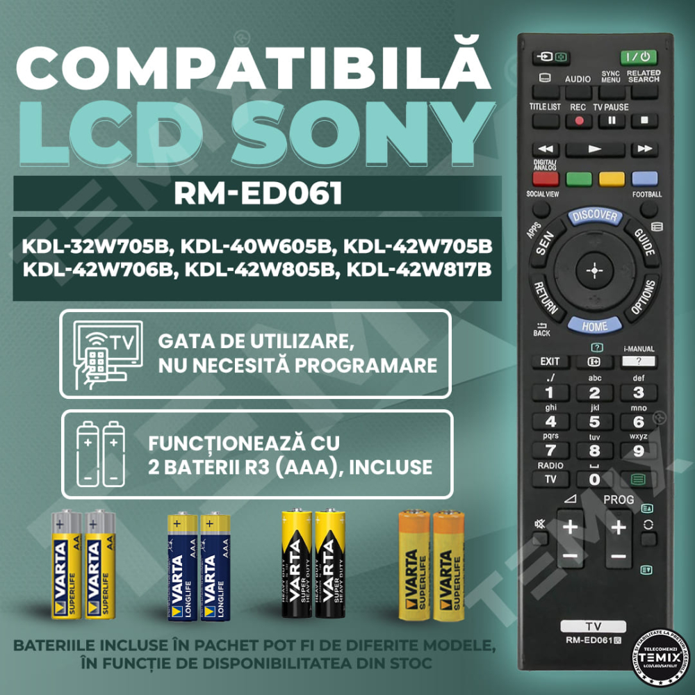Telecomanda compatibila Sony, KDL-32W705B, KDL-40W605B, KDL-42W705B, KDL-42W706B, KDL-42W805B, KDL-42W817B, RM-ED061, TEMIX®, neagra, baterii incluse [2]