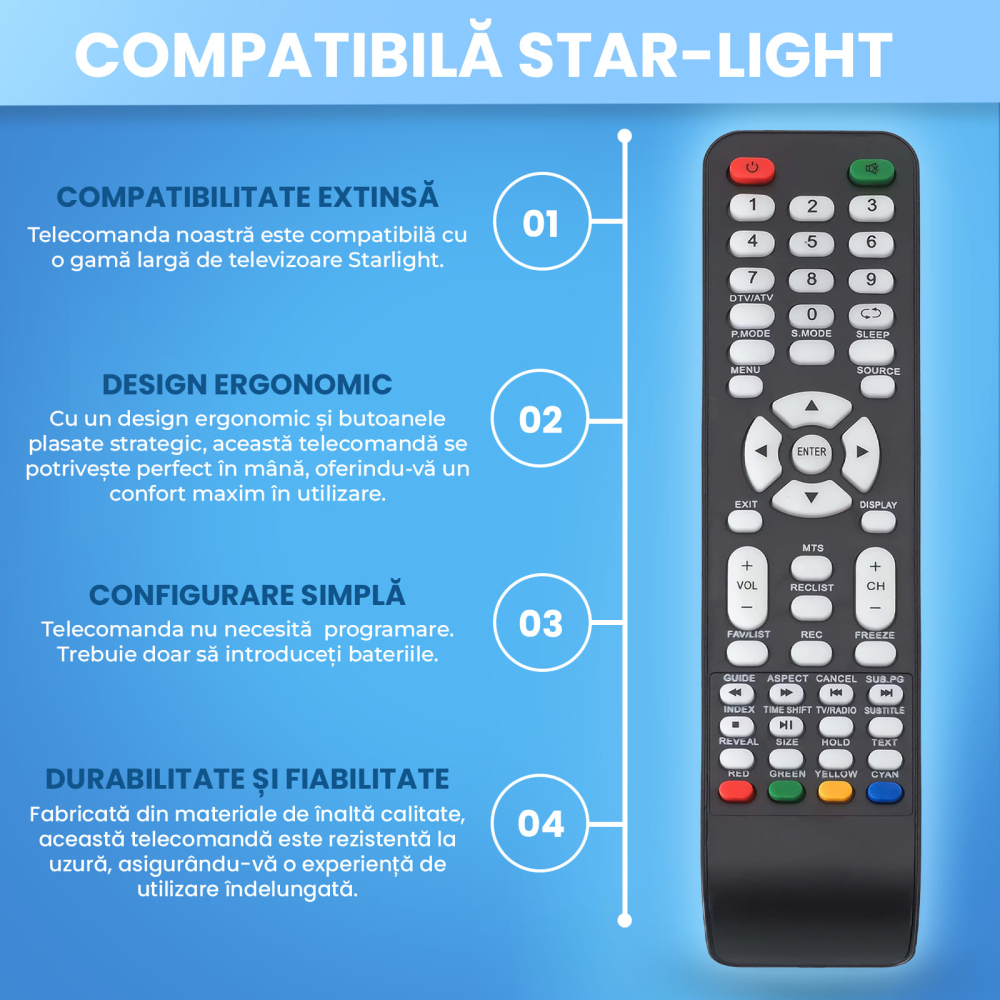 Telecomanda compatibila Starlight 20DM3500, 22DM3500, 24DM3500, 32DM3500, 40DM5500, 43DM5500, TEMIX®, neagra, baterii incluse [4]