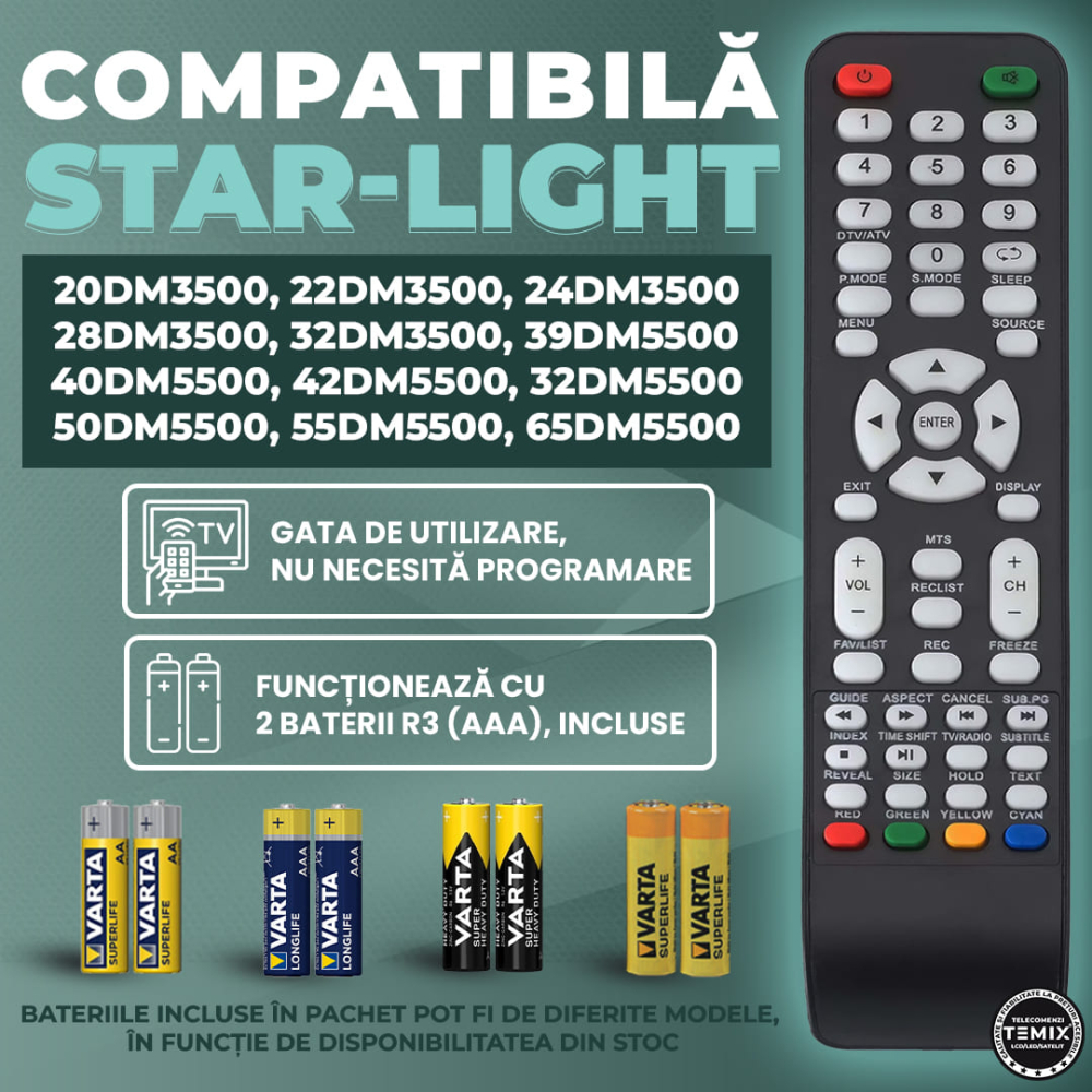 Telecomanda compatibila Starlight 20DM3500, 22DM3500, 24DM3500, 32DM3500, 40DM5500, 43DM5500, TEMIX®, neagra, baterii incluse [2]