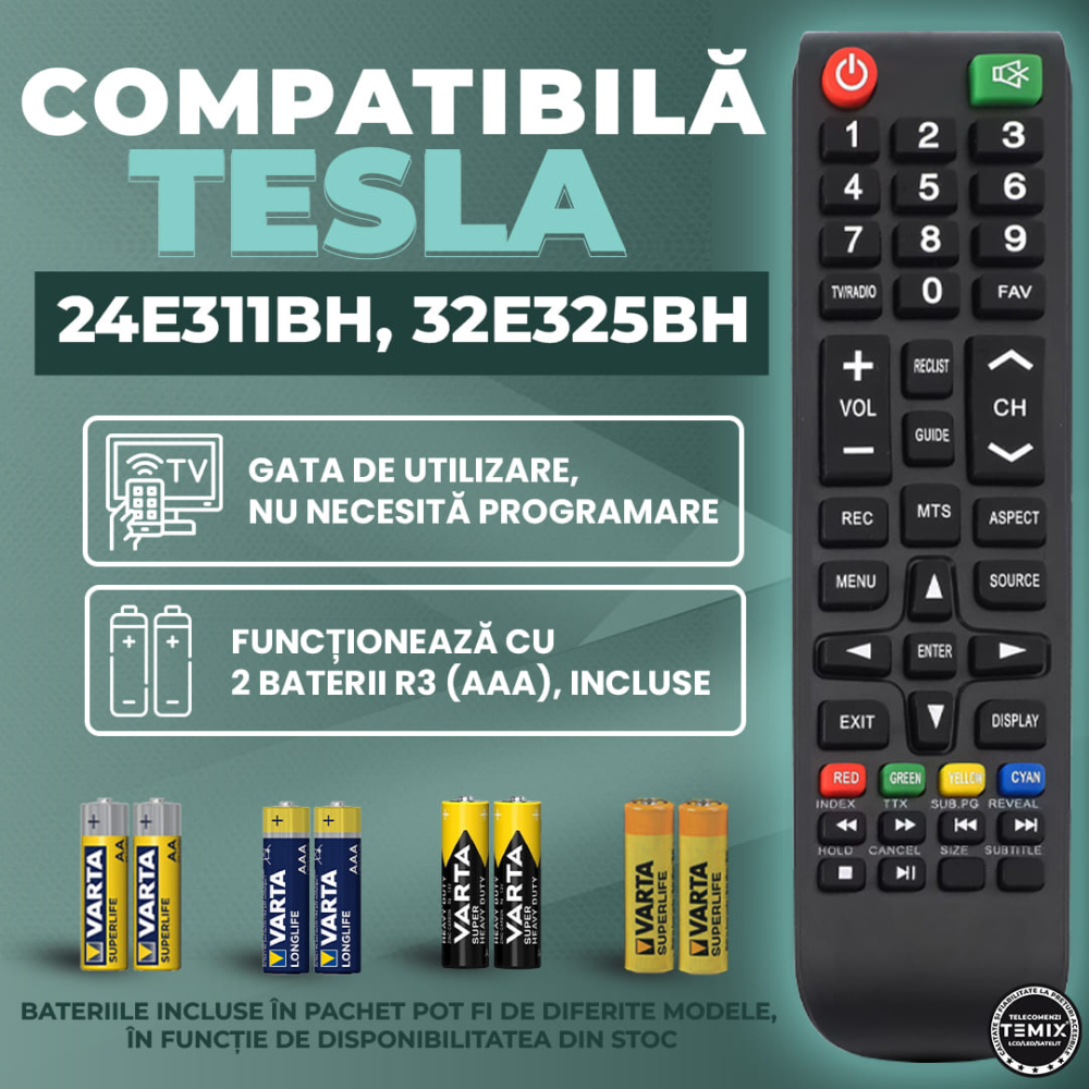 Telecomanda compatibila Tesla, 24E311BH, 32E325BH, TEMIX®, neagra, baterii incluse [2]