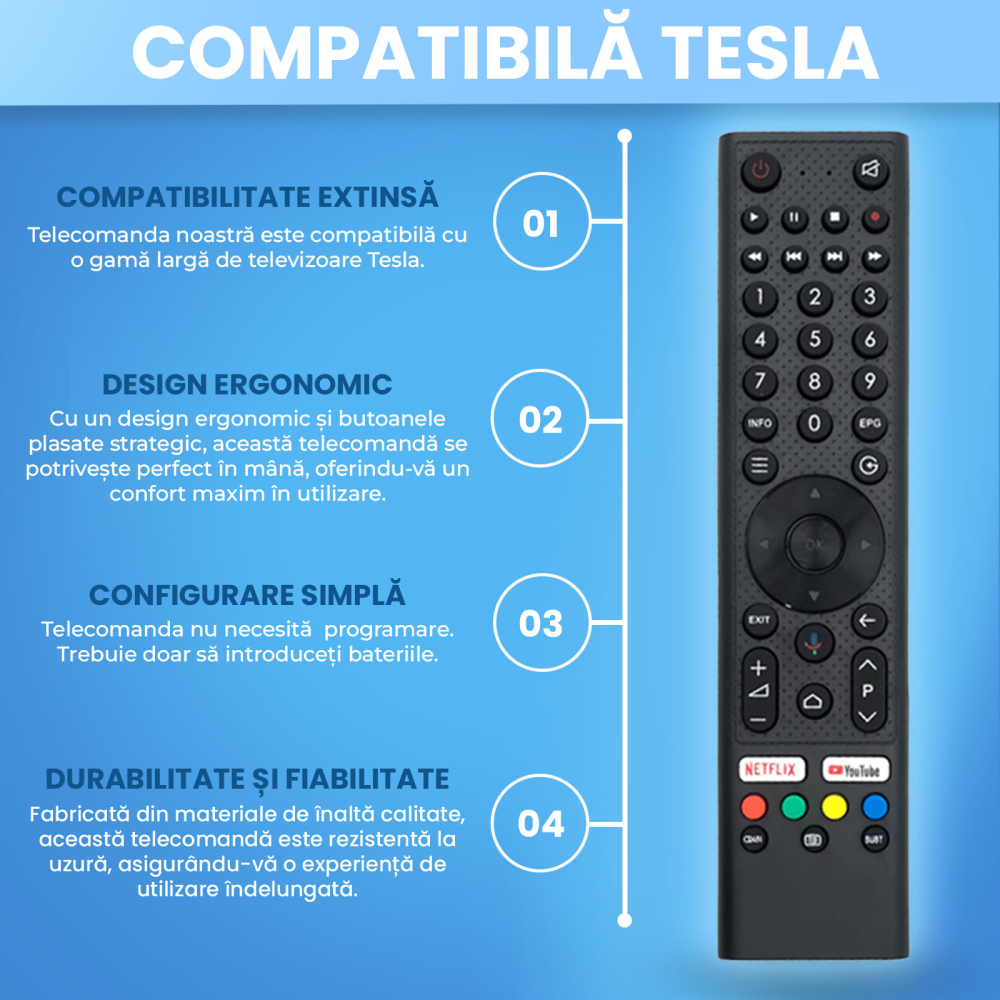 Telecomanda compatibila Tesla, 32E610BHS, butoane dedicate Netflix, Youtube, TEMIX®, baterii incluse [4]