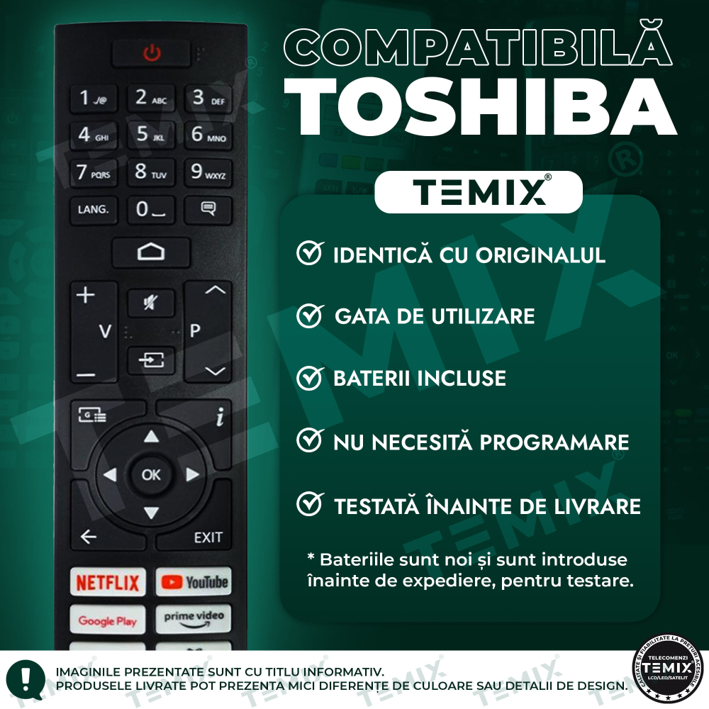 Telecomanda compatibila Toshiba, 24WA2063DG, 32LA2063DG, 32WA2063DG, 42LA2063DG, 43LA2063DG, CT-8564, TEMIX®, neagra, baterii incluse [3]