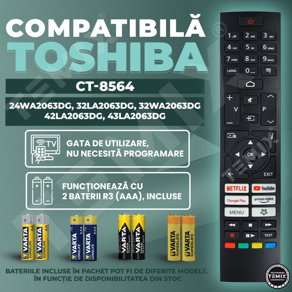 Telecomanda compatibila Toshiba, 24WA2063DG, 32LA2063DG, 32WA2063DG, 42LA2063DG, 43LA2063DG, CT-8564, TEMIX®, neagra, baterii incluse [2]